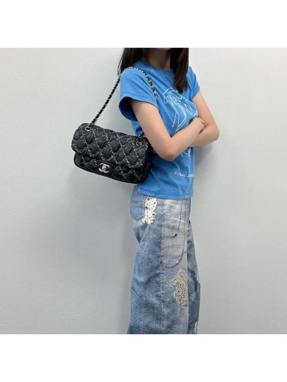 Chanel Quilted Tweed on Stitch Bubble Flap Shoulder Bag Nylon Black Silver Seal